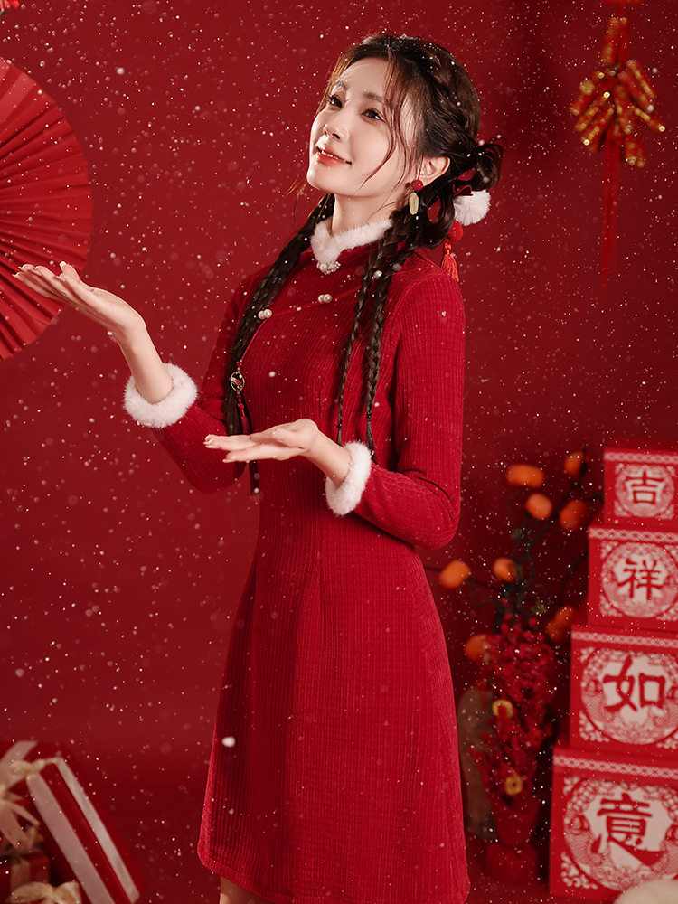 Red Pearl new Chinese cheongsam Tang suit Chinese style short girl dress winter fleece-lined thickened