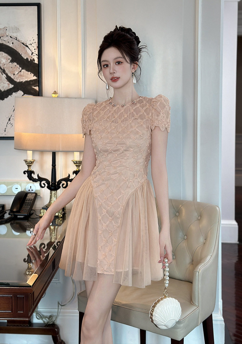 Đầm suông nữ cổ tròn tay bồng chất lưới xòe chữ A — [Hồng sâm banh] chi tiết 8
