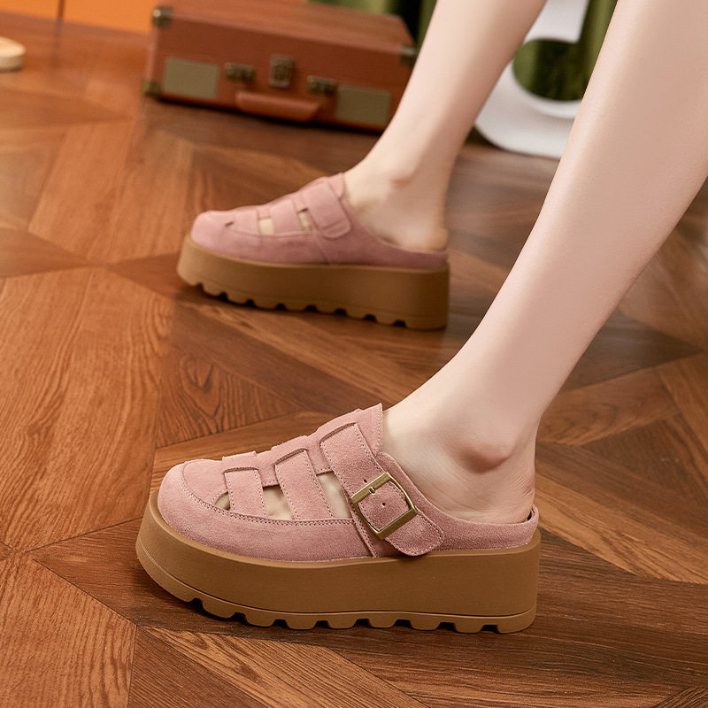 Dép sandal nữ da thật đế dày phong cách Roman Birkenstock — Hồng, Lạc đà, Mơ