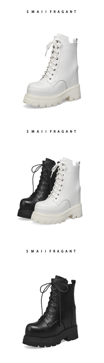 Boot Martin nữ cổ ngắn đế dày tăng chiều cao 12cm, da bò thật, phong cách Anh Quốc — Lớp lót đơn màu đen, Lót đơn màu trắng, Lót nhung đen, Lót nhung trắng