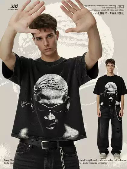 Cross-Border American Retro Rodman Boxy Clean Fi Short Wide Printed T-Shirt Crop Cropped