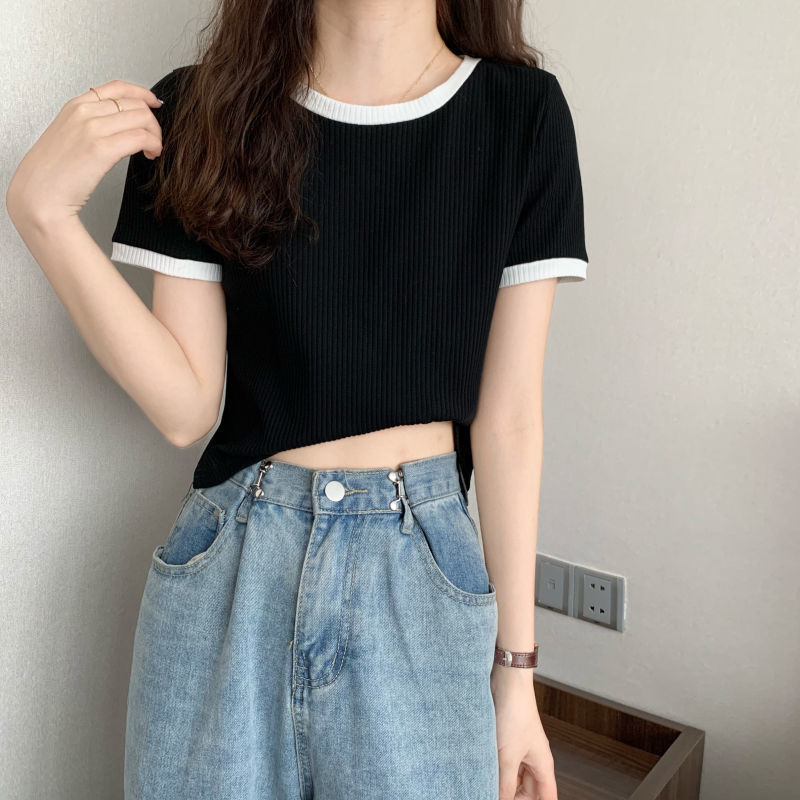 Slim Fit Short Sleeve T Shirt for Women Round Neck Color Block Design Casual Summer Wear