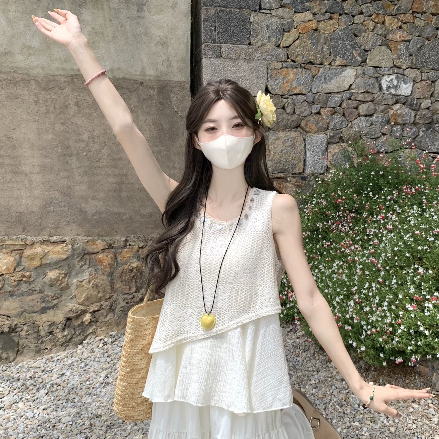 Summer Vintage Chinese Style Two Piece Set Sleeveless High Waist Hollow Out Design Elegant Casual Wear Wholesale
