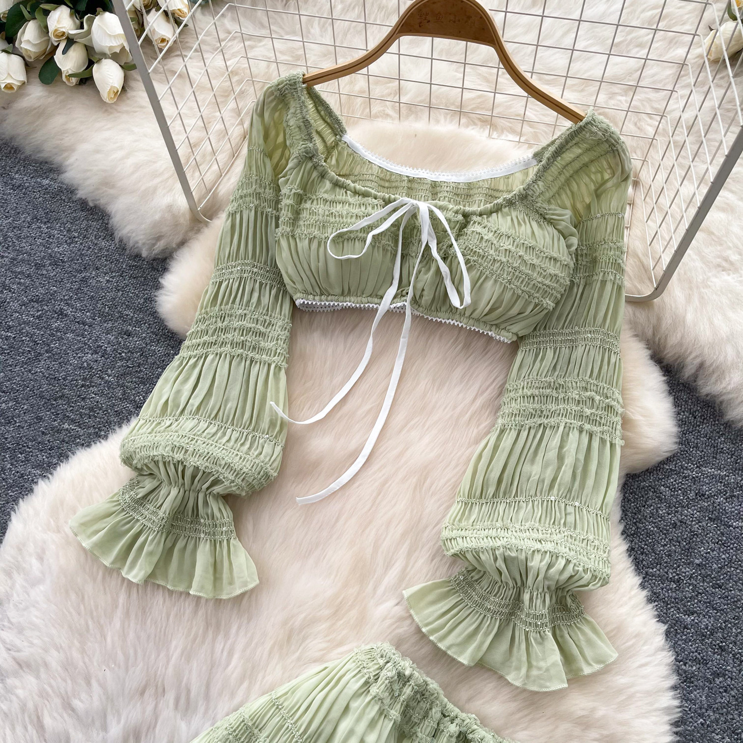 Off Shoulder Ruffled Top and High Waisted Cake Skirt Set French Vacation Style Slim Fit Elegant Look for Autumn