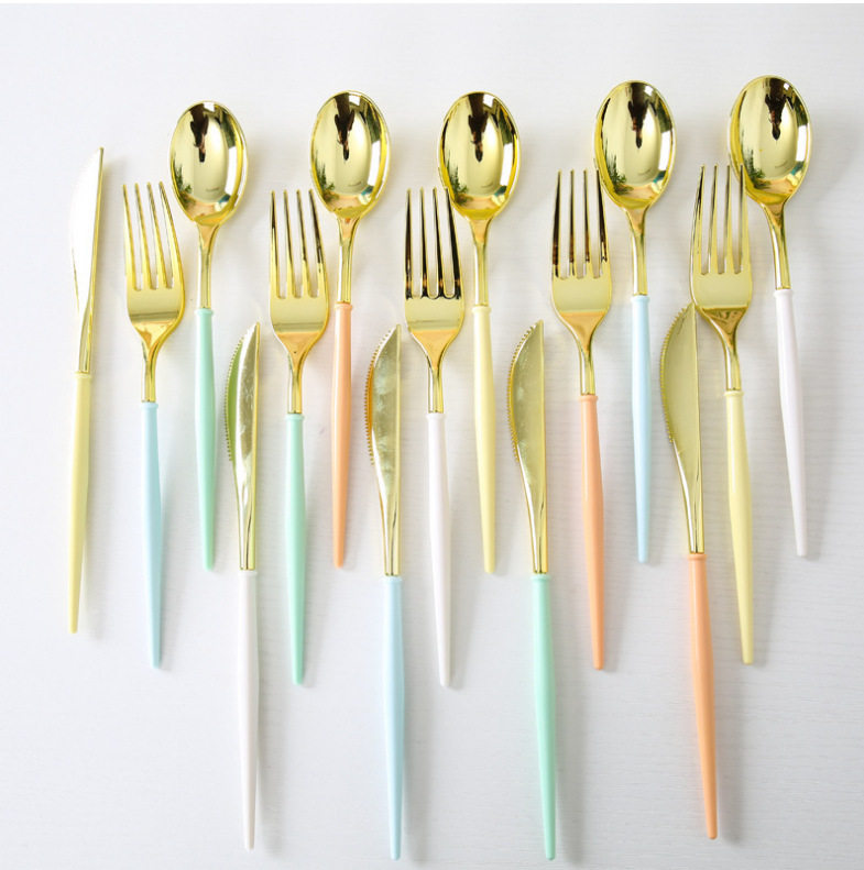 Cross-Border Disposable Cutlery, Forks and Spoons, Colorful Electroplated Disposable Tableware Sets, Birthday Party Western Food Special Cutlery, Forks and Spoons