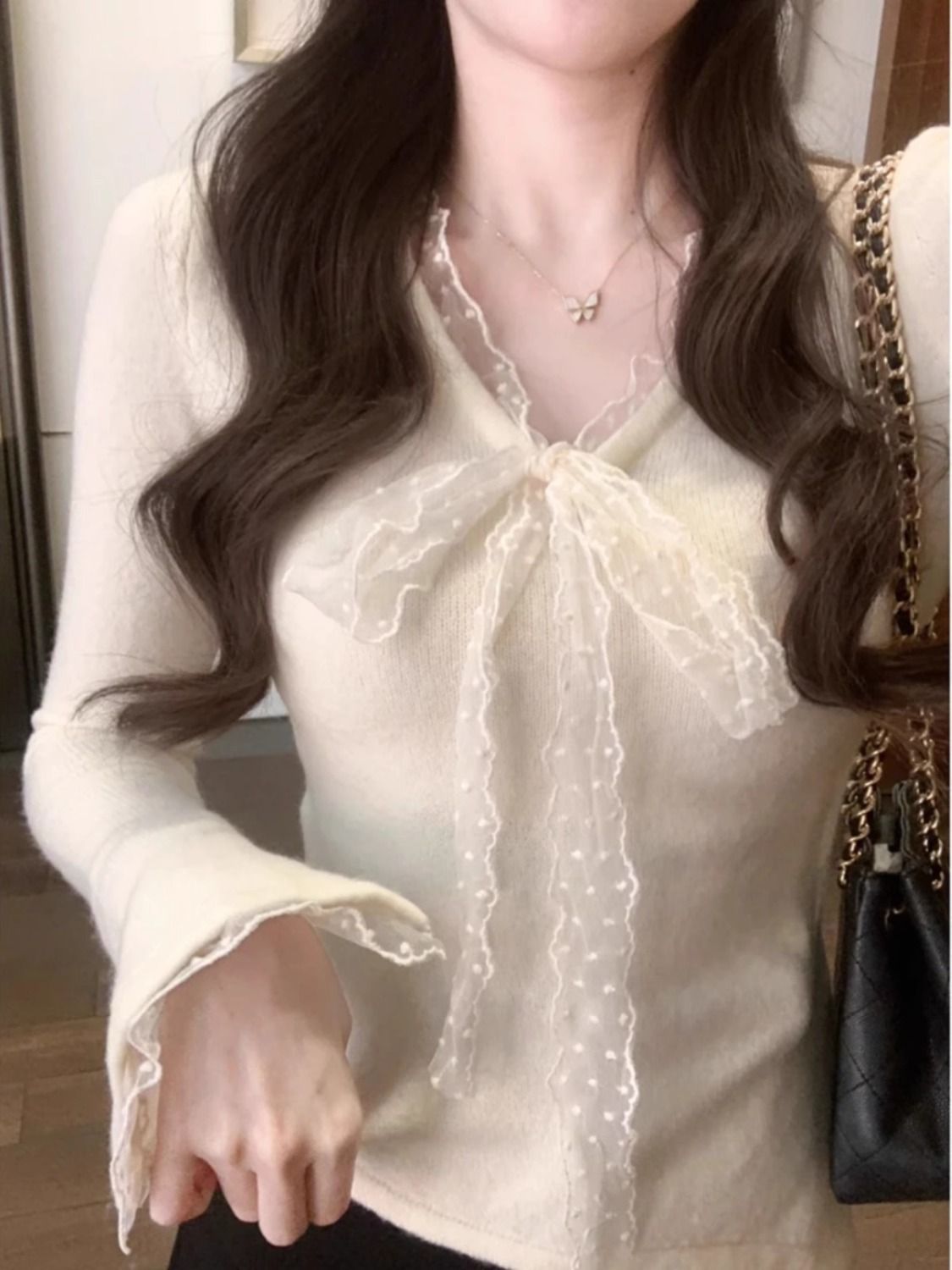 Apricot Lace Bow V Neck Long Sleeve T Shirt for Women Soft Fabric Irregular Hem Spring Layering Top
