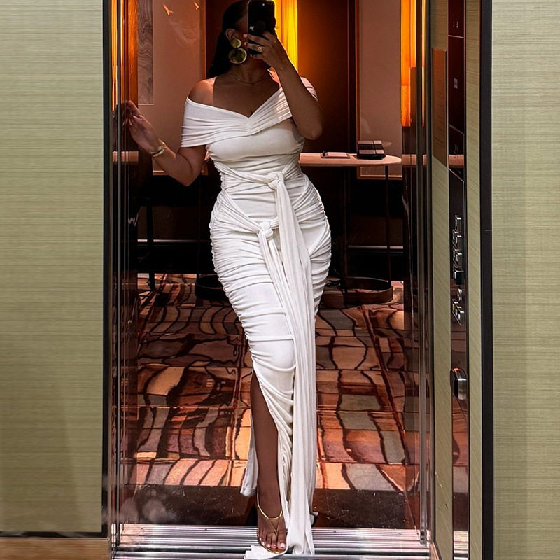 Womens Elegant Solid Color Dress Off Shoulder Split Hem Flowing Ribbons Casual or Party Wear Wholesale Available