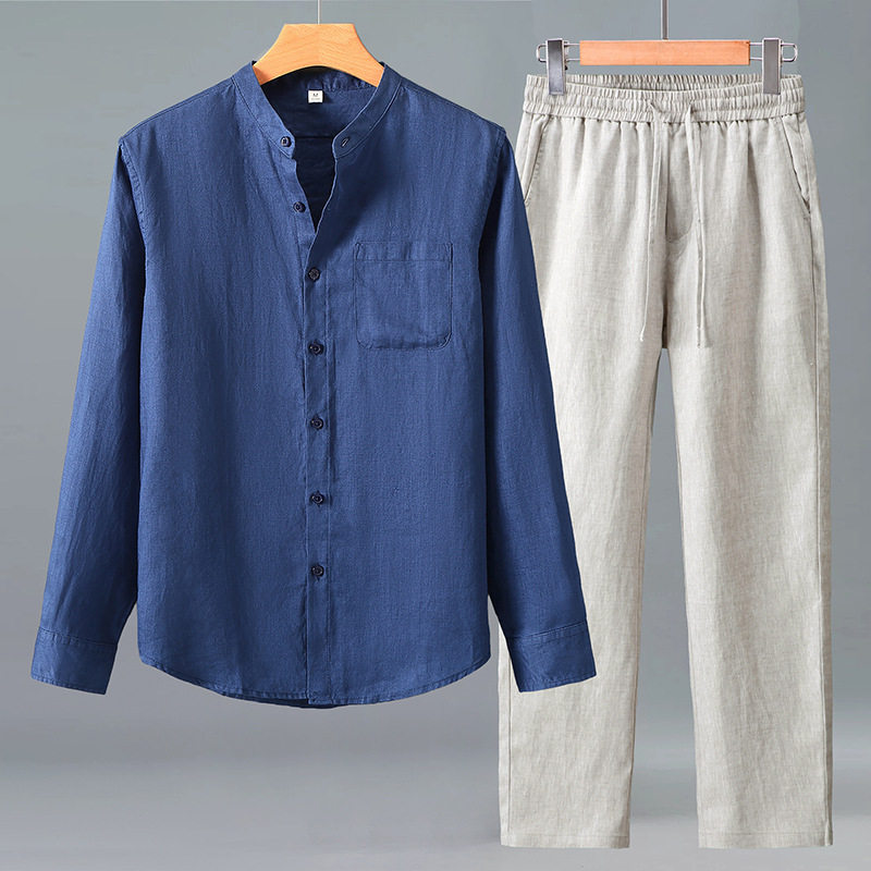 套装亚麻长袖衬衫男中国风休闲纯麻口袋宽松开衫长裤麻料外穿