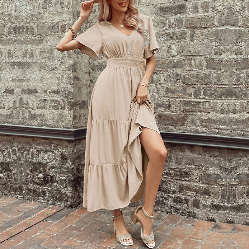 Elegant Summer V Neck Ruffled Hem Dress Slim Fit Solid Color Versatile Style Perfect for Casual or Formal Occasions