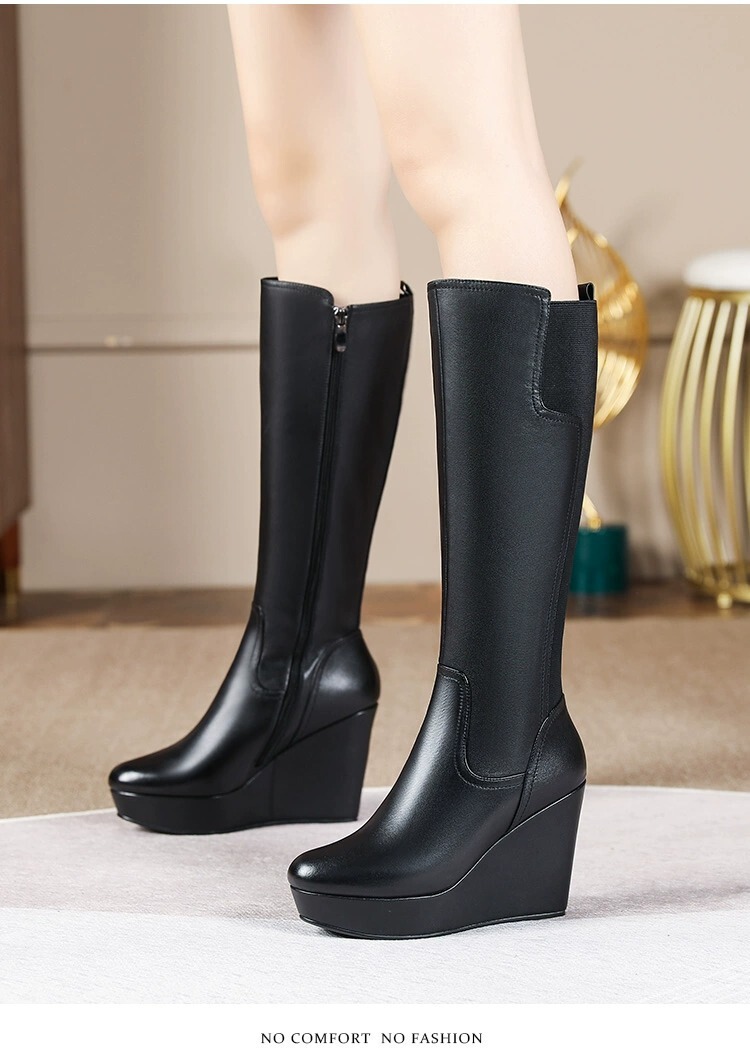 Boot nữ cổ cao gót xuồng mũi tròn phong cách Âu Mỹ tôn dáng — Màu đen lót một lớp, Màu đen lót nhung