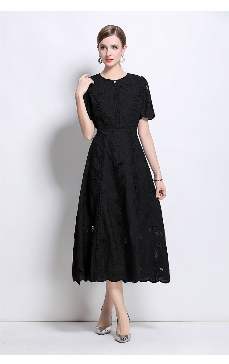 French Style Womens Dress Elegant Hollow Embroidery Waist Defining Slim Fit Summer Long Dress for Special Occasions