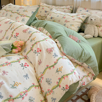 Spring pastoral small fresh cotton four-piece cotton cartoon quilt cover sheets three four-piece bedding wholesale