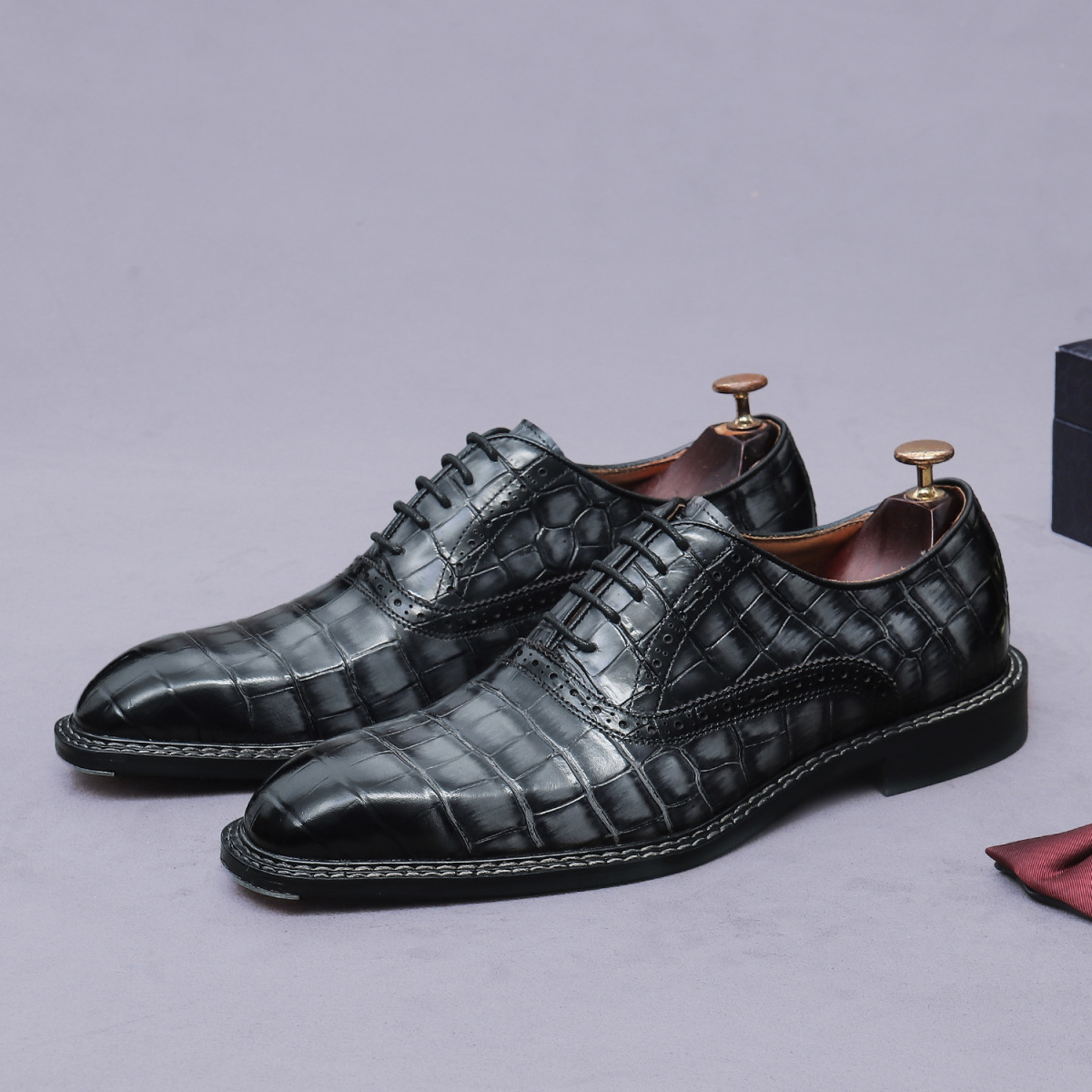 Giày Oxford nam da bò thật họa tiết kẻ sọc phong cách Anh Quốc — Xám xanh, Màu caramel