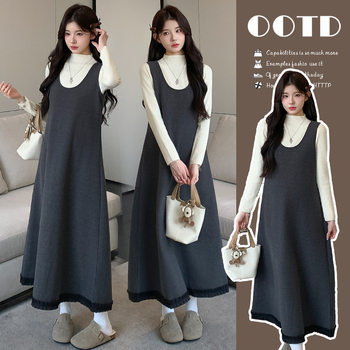 Real Shot of Ready-Made 2025 Autumn and Winter Korean Style Woolen Lace A-Line Vest Dress + Knitted Top Two-Piece Suit