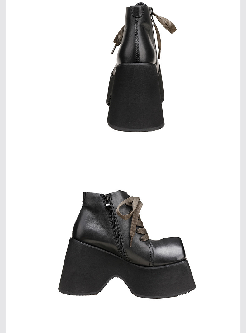Boot Martin nữ cổ ngắn đế dày 10cm mũi vuông da bò thật buộc dây — Màu đen
