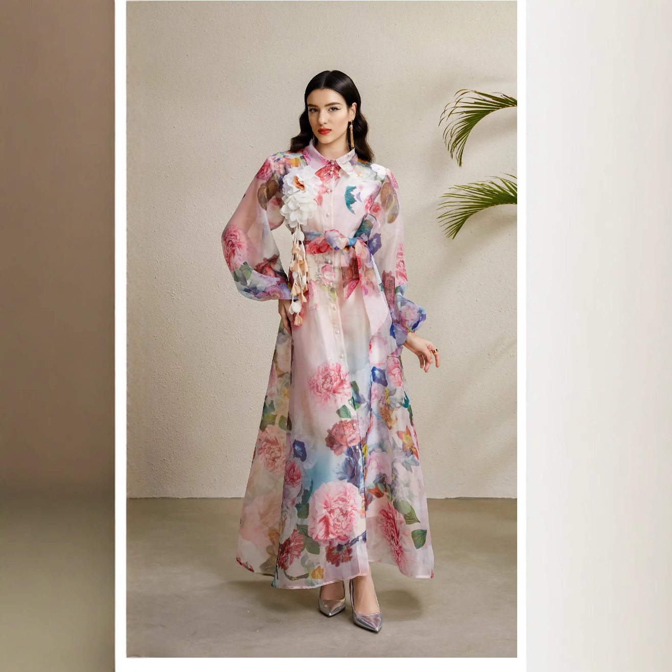 Vintage Floral Print Puff Sleeve Maxi Dress for Women Autumn Waist Tie Design Elegant Style Wholesale Available