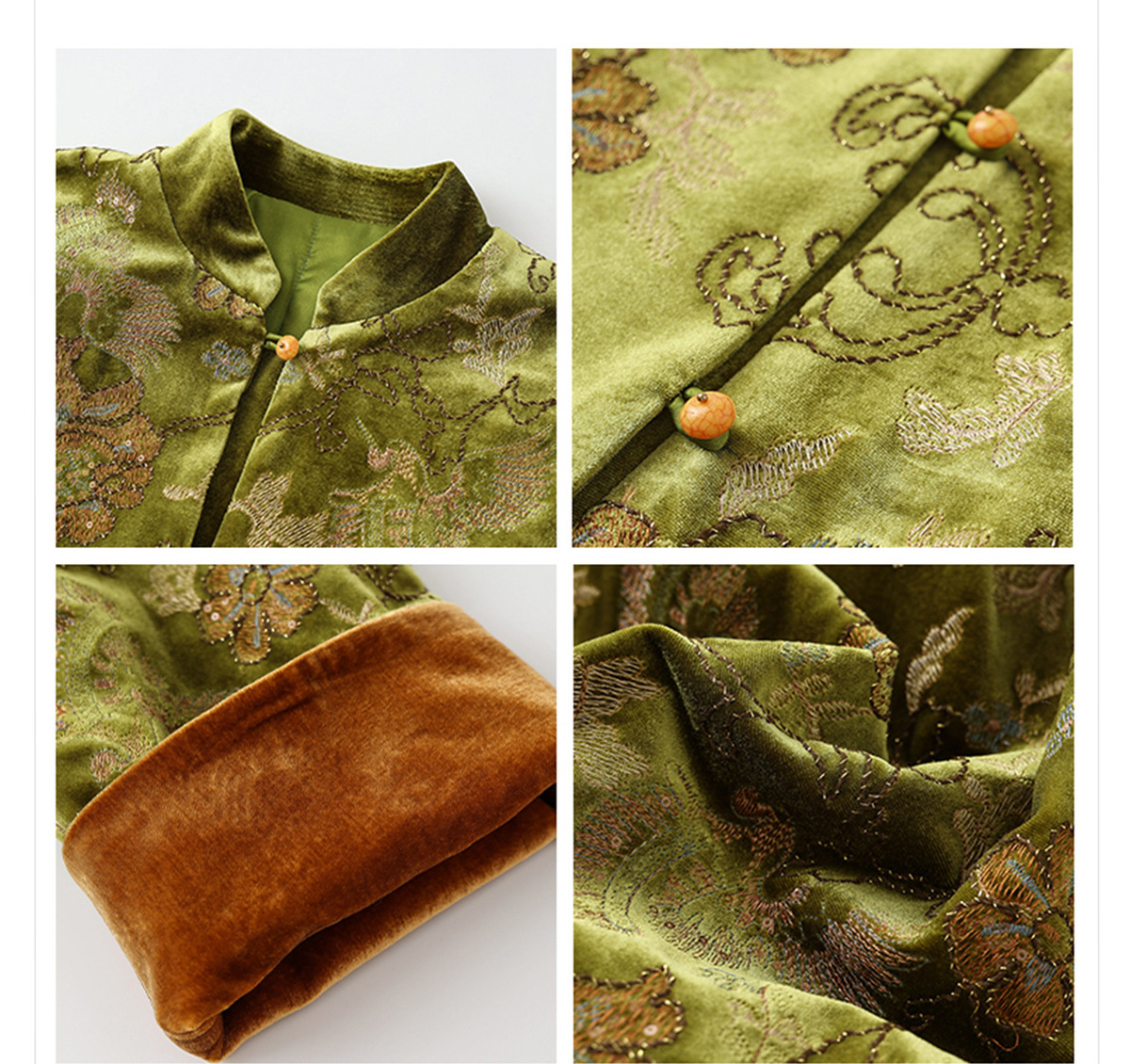 Áo phao nữ cổ cao thêu họa tiết hoa dáng suông — Xanh cỏ [phiên bản cotton]