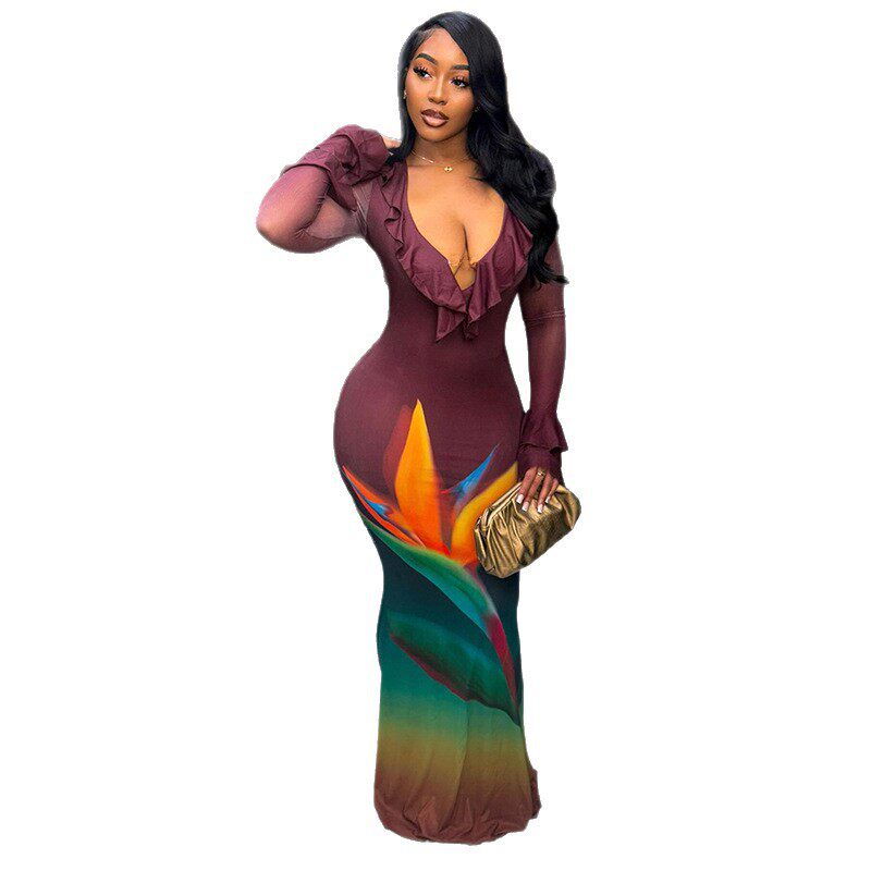 Elegant Womens Color Block Maxi Dress Slim Fit V Neck Versatile Casual Style Perfect for Parties and Events