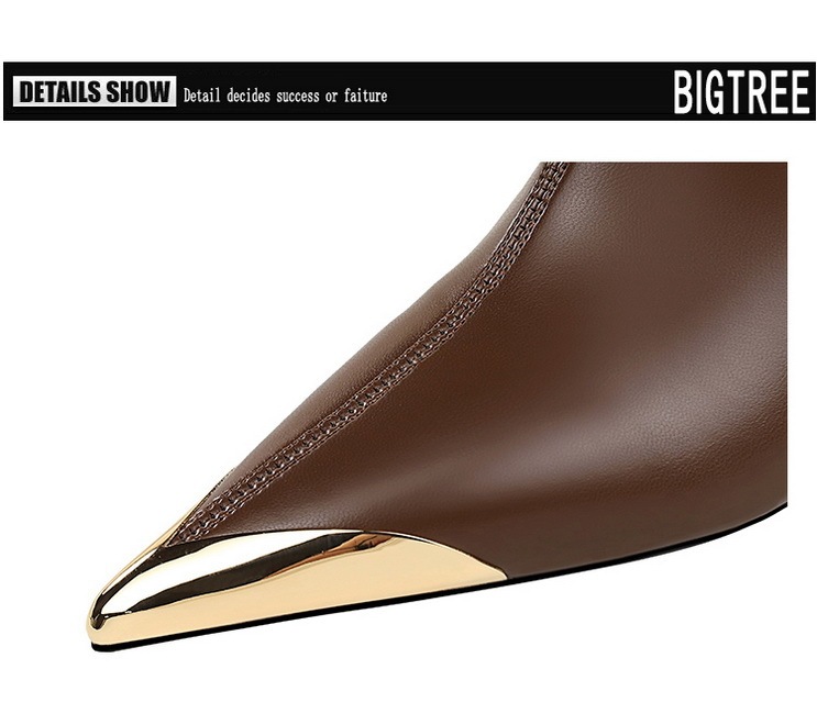 Boot nữ cổ thấp gót nhọn siêu cao mũi nhọn kim loại phối khóa kéo — 319-11 đen 8cm, 319-A11 Cà phê 5cm, 319-A11 đen 5cm, Màu nâu 319-11 8cm