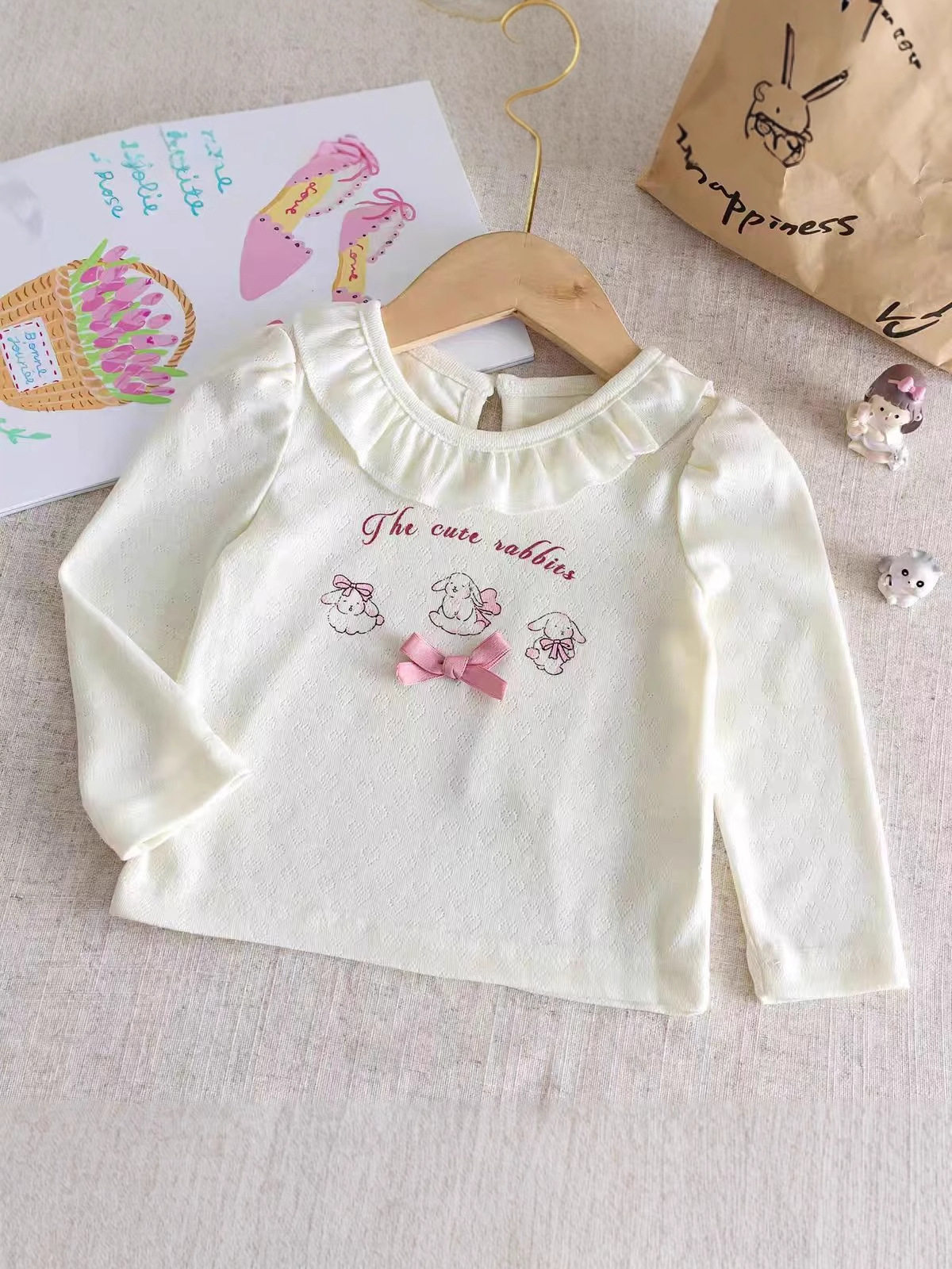 Girls' New Spring & Autumn Lightweight Top, Baby Cute Lace Mesh Bow Long-Sleeve Stylish Autumn Outfit