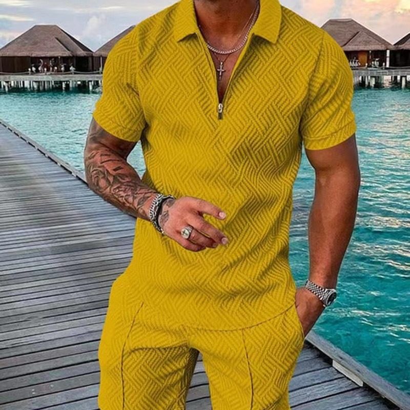 速卖通爆款跨境新款男士印花POLO衫套装翻领短袖套头休闲男装T恤