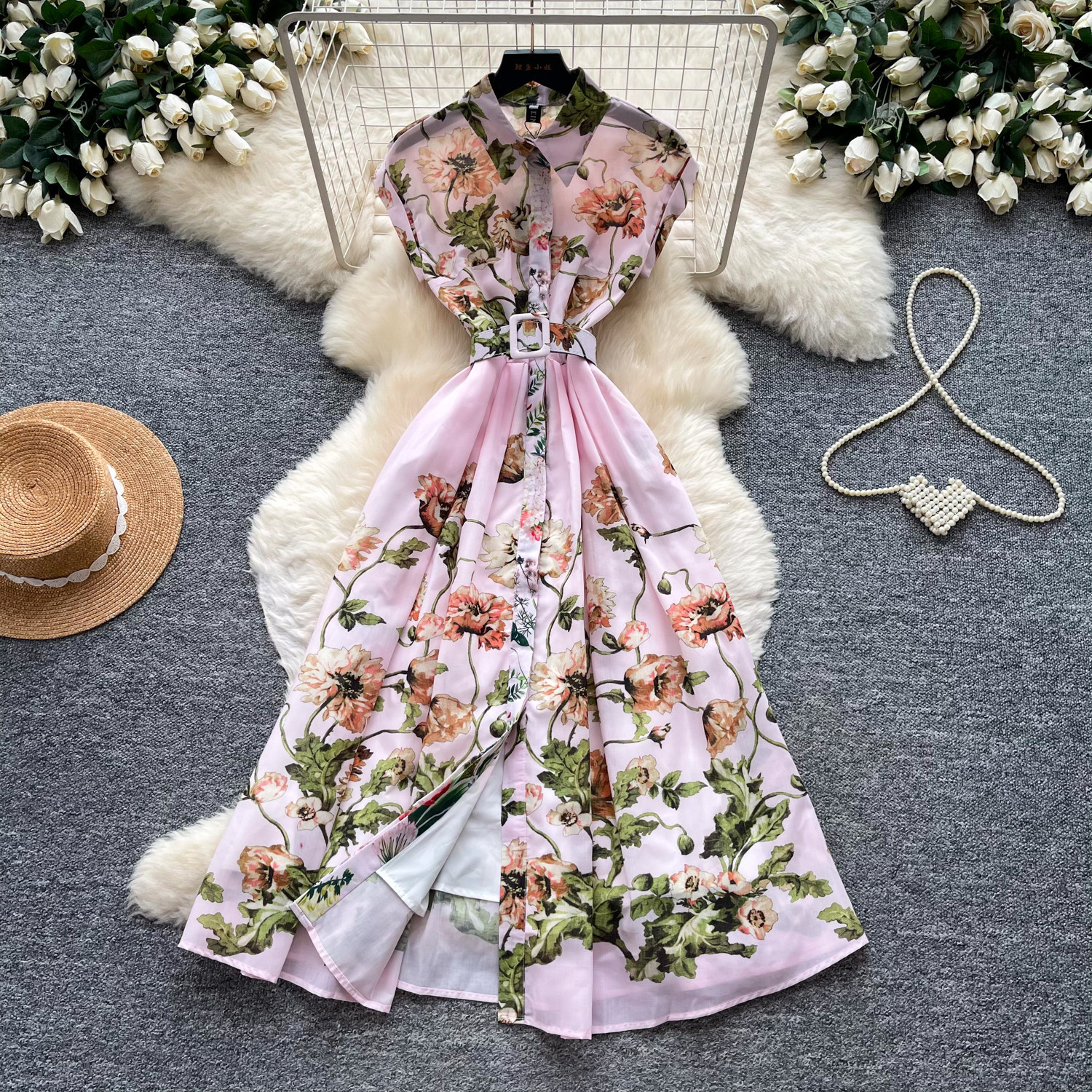 Elegant Floral Print Sleeveless Dress Slim Fit Waist Belt Lightweight Fabric Summer Casual Wear for Women Wholesale