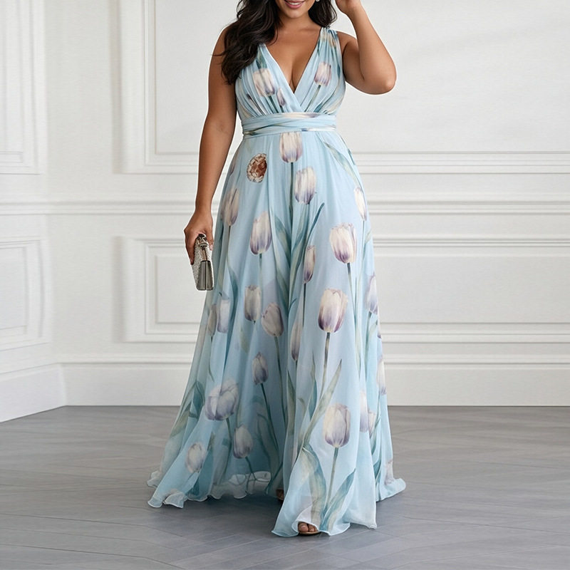 Spring Womens Dress Elegant Floral Print Waist Defining V Neck Comfortable Fabric Perfect for Casual or Formal