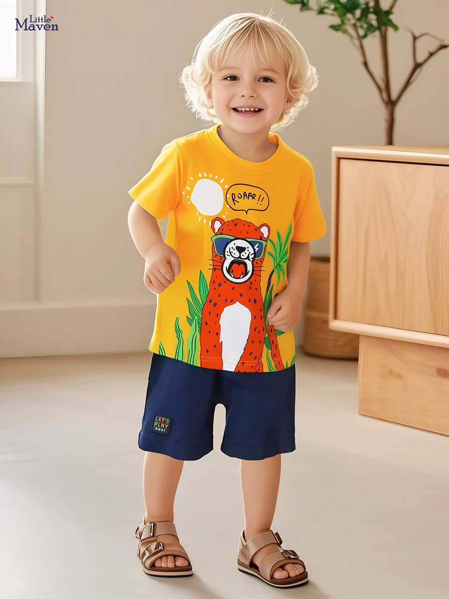 Ensemble enfant manche courte, tenue deux pièces garçon dessin animé coton mode été