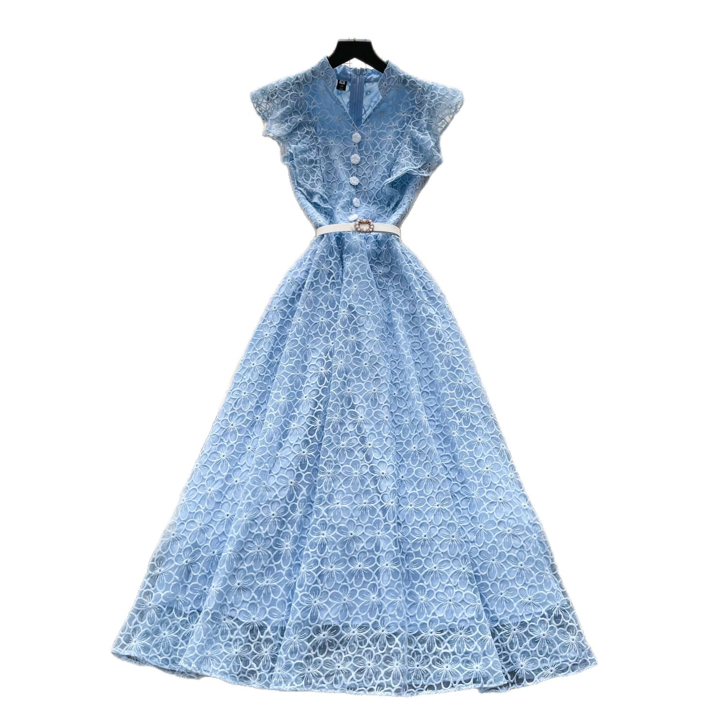 Sleeveless A Line Lace Dress High Waist Hollow Out Elegant Style Summer Casual Wear for Women Wholesale Available