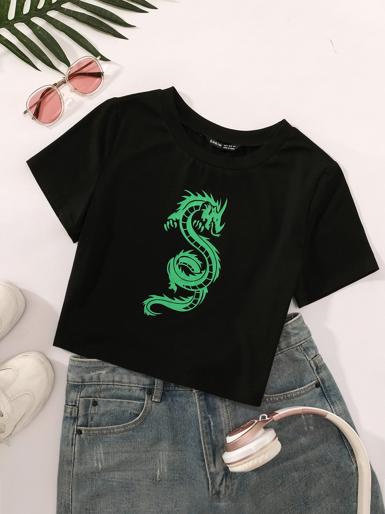 Fashionable Womens Hip Hop T Shirt Unique Dragon Print Short Sleeve Casual Style Wholesale Available