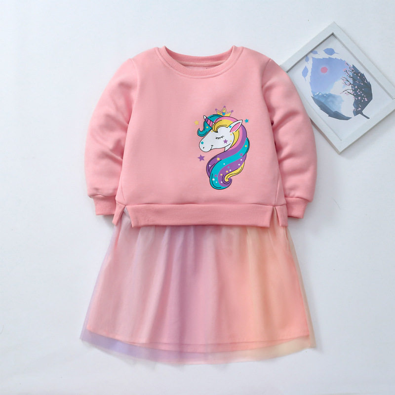 Girls' Dress Wholesale, Winter Fleece-Lined Princess Dress, Unicorn Mesh Thickened Dress