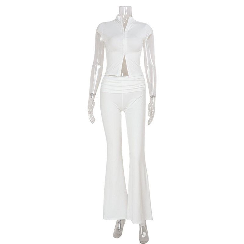 Slim Fit Solid Color Half High Neck Short Sleeve Top with Low Waist Flare Pants Trendy Two Piece Set for Casual Outings