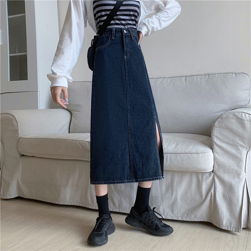 High Waisted Denim Skirt Vintage Style Mid Length Slim Fit Side Slit Spring Summer Fashion Wholesale Available
