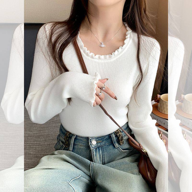 高级感超好看的针织衫女2025新款初秋木耳边内搭打底圆领毛衣上衣