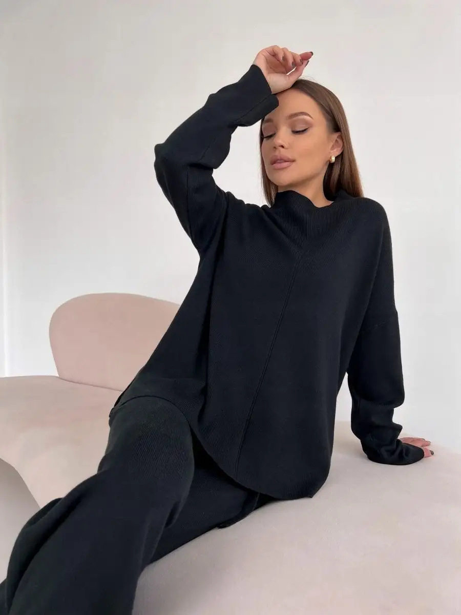 Womens Autumn Winter Oversized Sweater and Pants Set Long Sleeve Casual Split Design Perfect for Everyday Wear