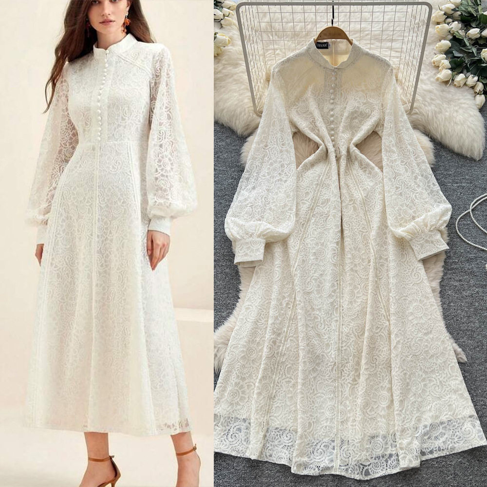 French Court Style Dress Elegant Lace Slim Fit Single Breasted Long Sleeve Autumn Fashion for Women Wholesale