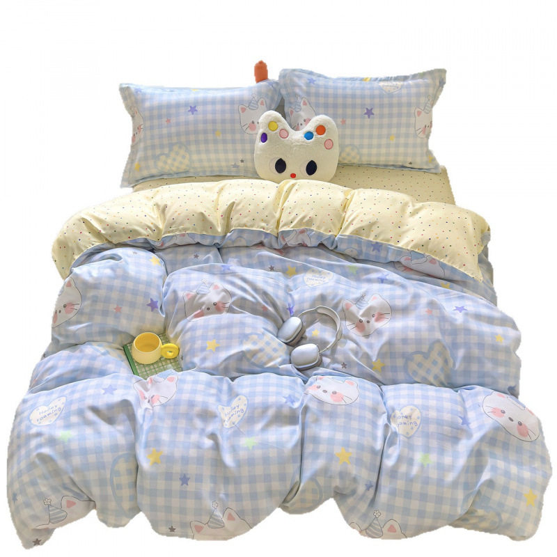 Category a Maternal and Infant Grade Ins Cartoon Quilt Cover Four-Piece Set Pure Cotton Thickeneded Washed Cotton Bed Sheetss Pure Cotton Dormitory Three-Piece Set