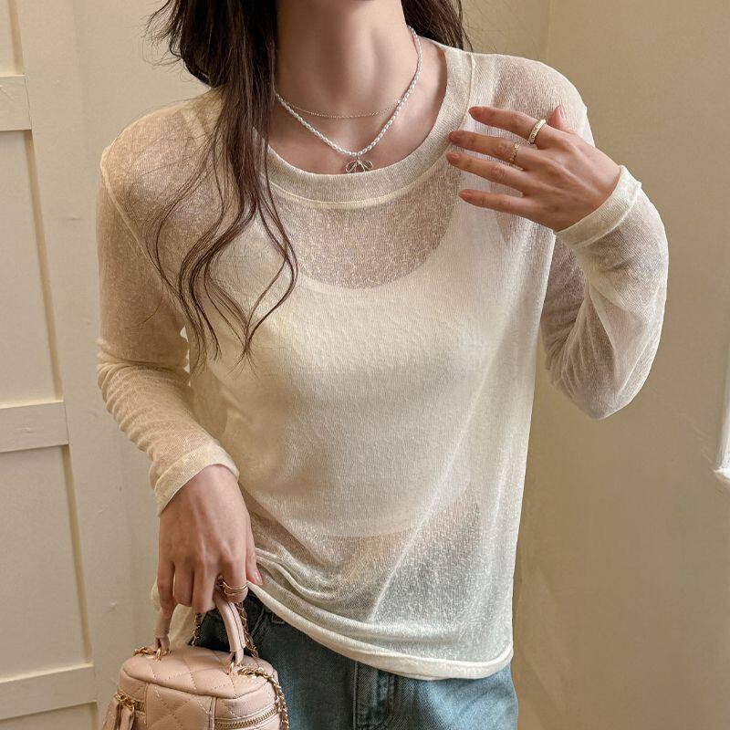 Summer Womens Loose Fit Long Sleeve Mesh Pullover Breathable Sun Protection Versatile Style Ideal for Casual Wear