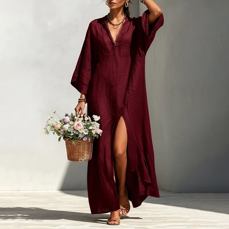 Casual Batwing Sleeve Maxi Dress Loose Fit Side Slit Lightweight Fabric Summer Vacation Wear Wholesale Available