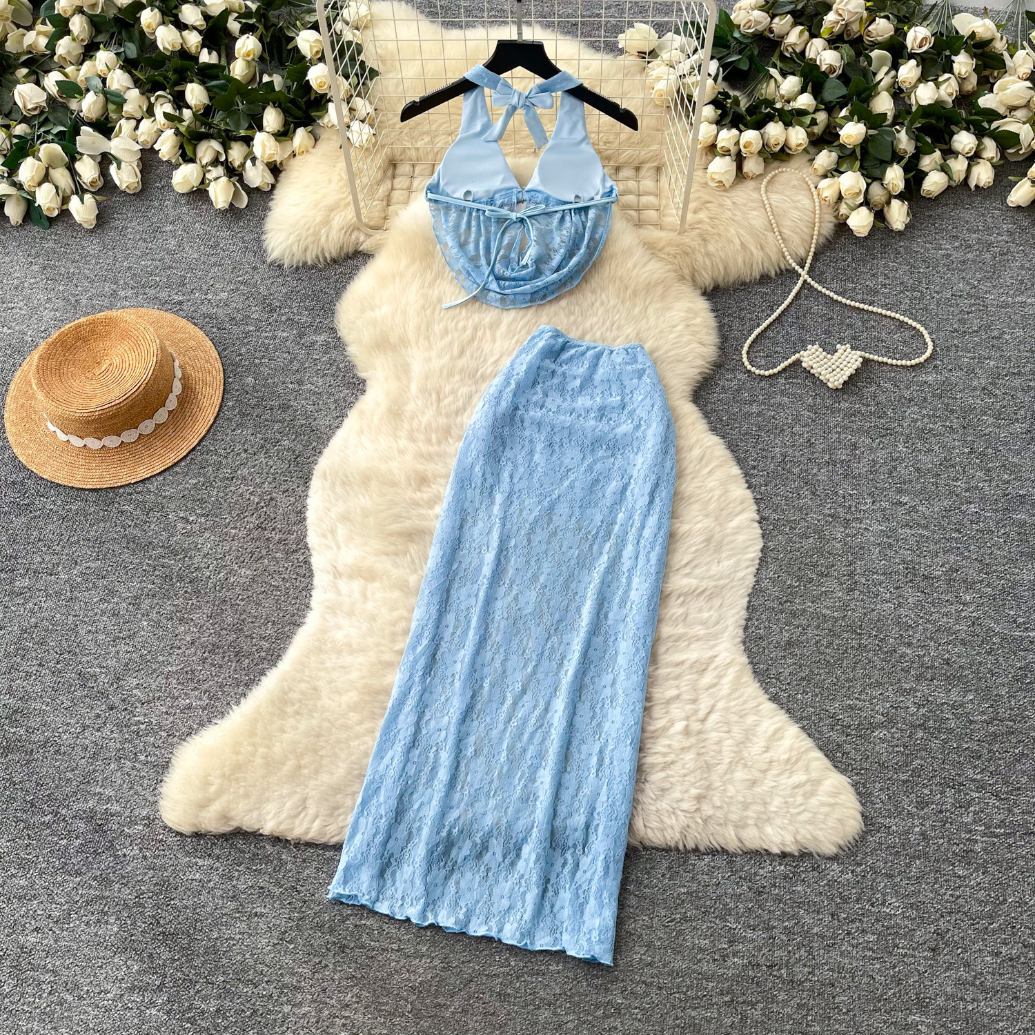 Chic Vacation Style Halter Neck Tank Top and Midi Skirt Set Slim Fit Elegant Design Summer Wear Wholesale Available