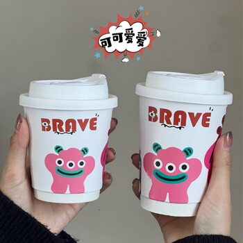 Disposable coffee hot drink paper cup with lid bright cartoon pattern can be packaged take-out commercial household printable logo