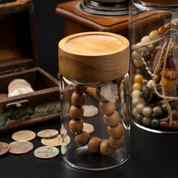 Threaded Glass Bead Storage Jar with Acacia Wood Lid for Kitchen and Home Use, Suitable for Storing Dried Fruits, Cultural Relics, and Sealing Jars