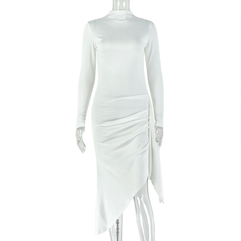 Slim Fit Solid Color Midi Dress for Women Elegant Style Ruffled Details Round Neck Long Sleeve Perfect for Casual