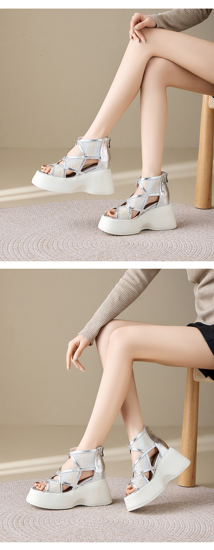 Sandal cao gót nữ hở mũi đế xuồng 10 cm, phong cách đơn giản, tăng chiều cao — [Màu kem], [Màu bạc] chi tiết 5