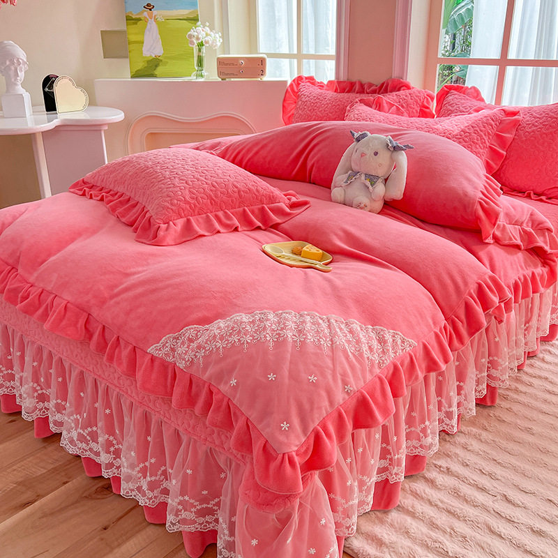 Double-Sided Milk Velvet Four-Piece Bed Set, New Single Bed Cover, Bed Skirt, Lace Winter Fleece-Lined Thickeneded Coral Velvet Quilt Cover