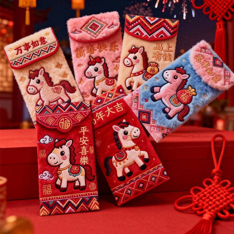 [High-End] Spring Festival Creative 5D Upgraded Imitation Embroider Cartoon Fuma Red Envelope for New Year Greetings and Red Packets for the Year of the Horse