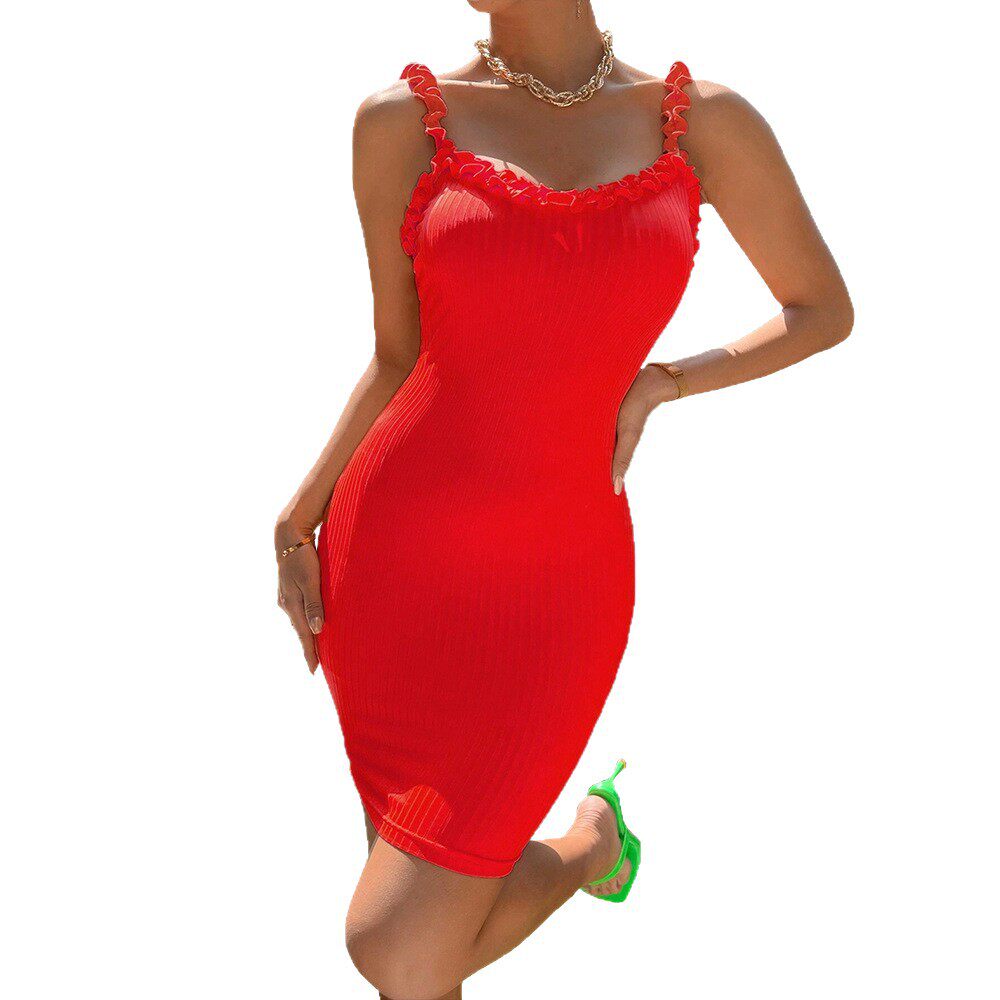Summer French Style Slim Fit Red Ribbed Knit Bodycon Dress with Spaghetti Straps and Open Back for Women Wholesale Available