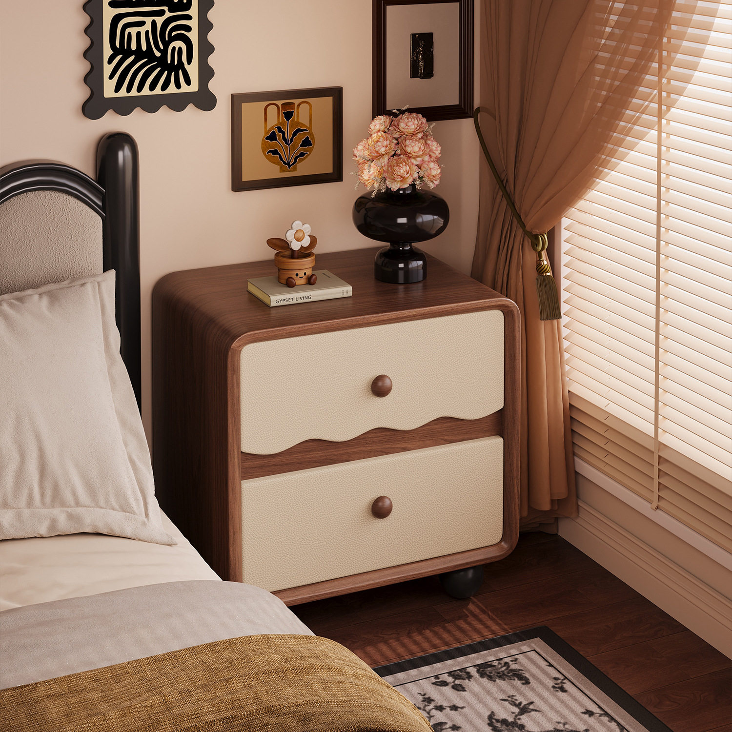 Creative Wooden Bedside Table for Home Bedroom Cream Style Small Bedside Cabinet Wavy Type Installation-Free Side Cabinet