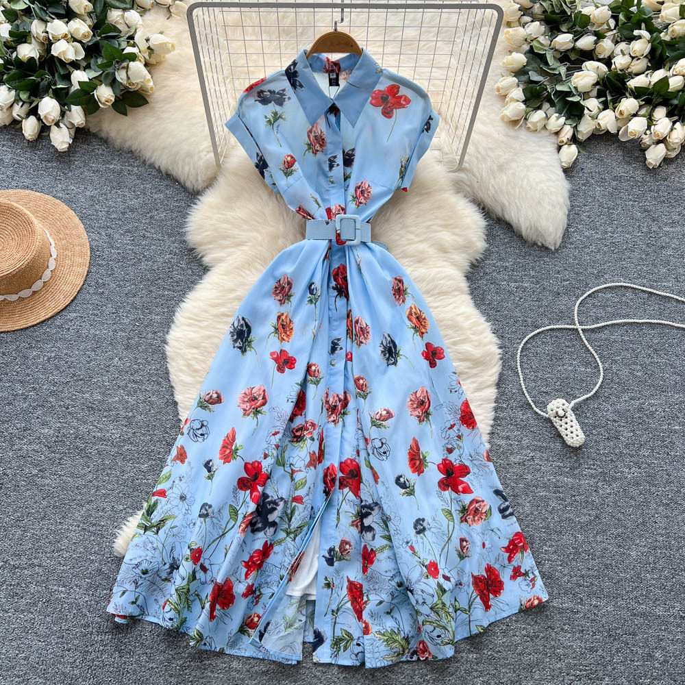 French Style Short Sleeve Polo Dress Waist Defining Flattering A Line Floral Print Summer Elegance for Casual