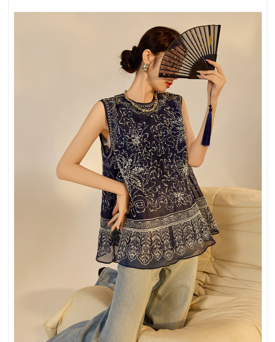 Áo vest gile nữ không tay cổ tròn đính hạt sang trọng — Màu xanh lam